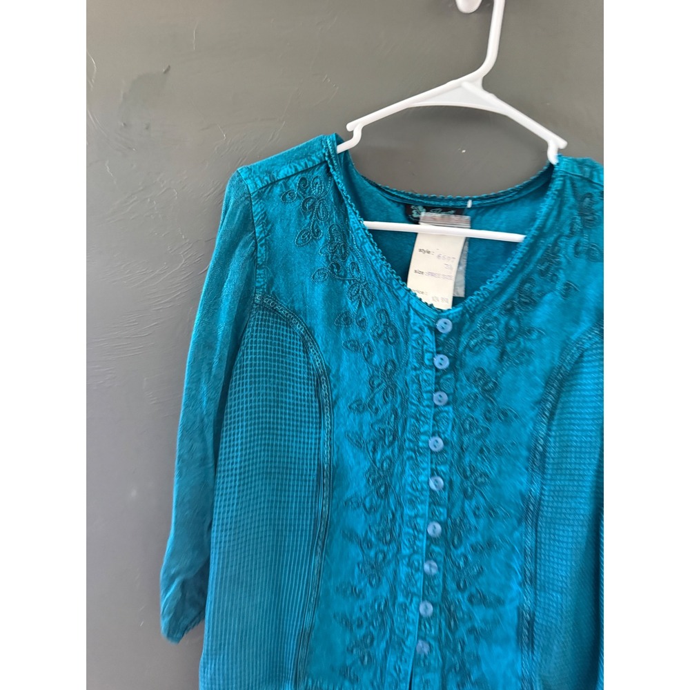 Flower Teal‎ Blue Embroidered Boho Button Front Blouse Ruffle Hem Free Size NEW